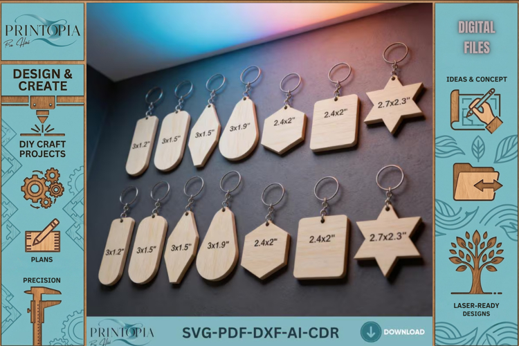 Keychain Laser Cut Files Bundle Wooden Keychain Blank Templa