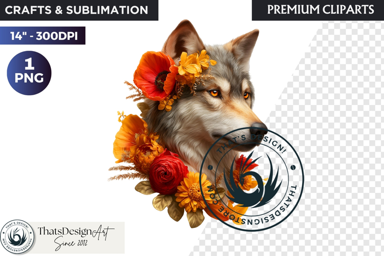 Floral Wolf Fantasy clipart, Botanical Wildlife Graphics PNG