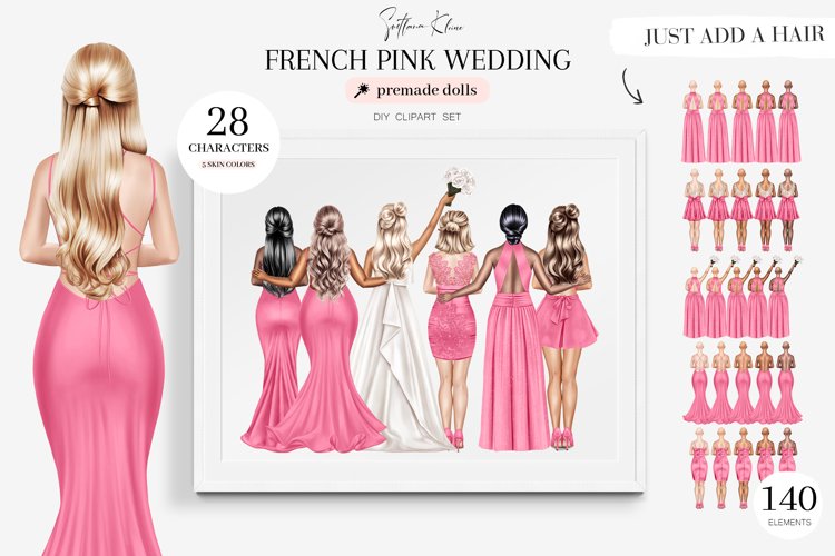French Pink Wedding Clipart, Pink Bridesmaids Clipart