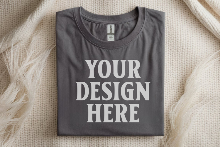 Gildan 64000 Charcoal Folded T-Shirt Mockup | Flat Lay Unise