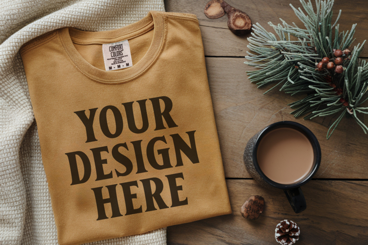 Mustard Comfort Colors 1717 Christmas Folded T-Shirt Mockup