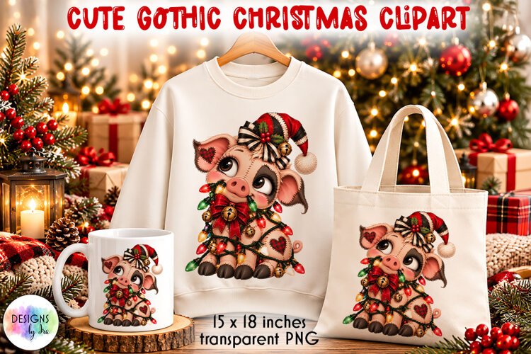 Cute Gothic Christmas Piglet PNG Clipart example image 1