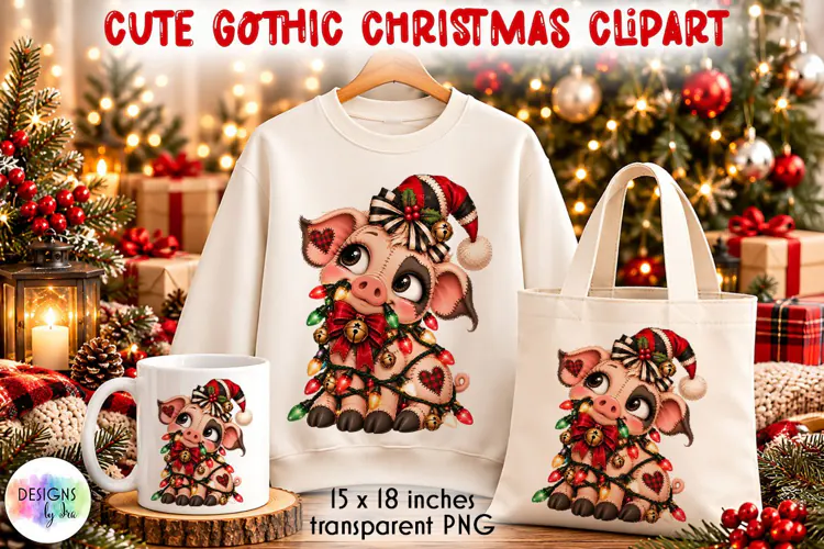 Cute Gothic Christmas Piglet PNG Clipart