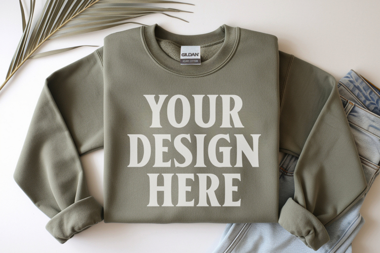 Military Green Gildan 18000 Folded Flat Lay Mockups