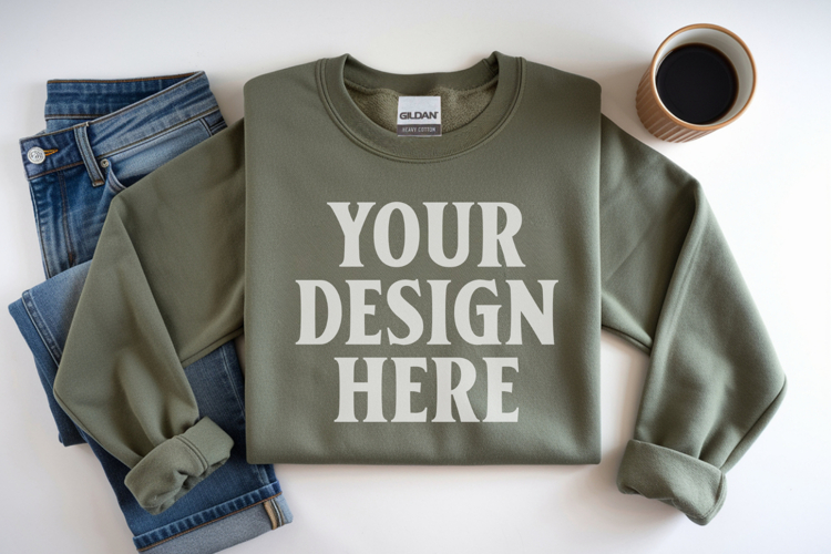 Military Green Gildan 18000 Folded Flat Lay Mockups