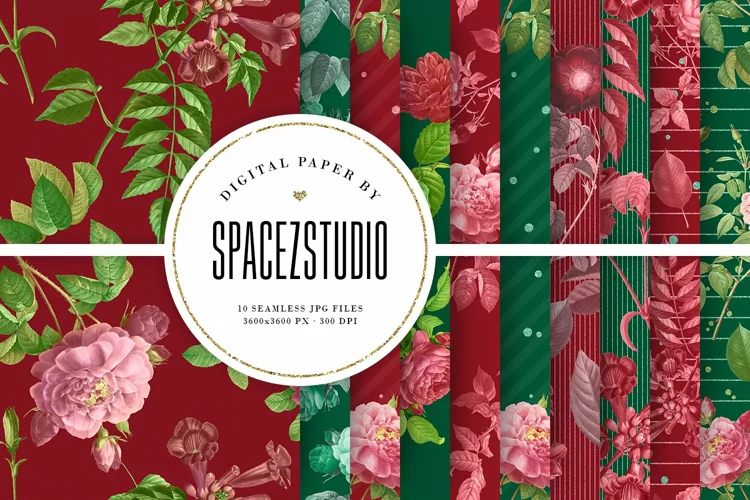 Red & Green Tileable Patterns With Vintage Flowers
