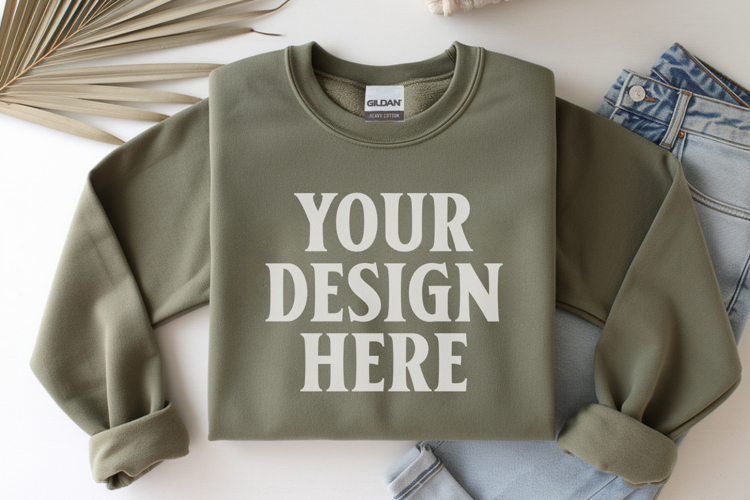 Military Green Gildan 18000 Folded Flat Lay Mockups