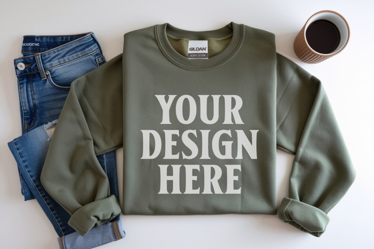 Military Green Gildan 18000 Folded Flat Lay Mockups