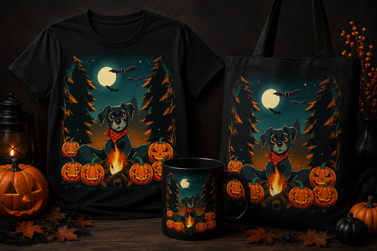 Halloween Dog Camping PNG | Spooky Campfire Dog Clipart