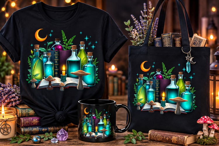 Witch Potion Bottles PNG | Magical Books & Mushrooms Clipart