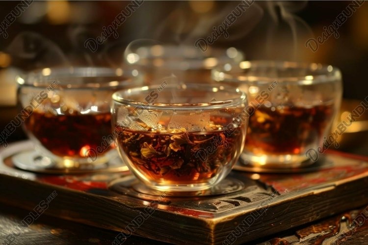 Steamy tea cups on vintage tray