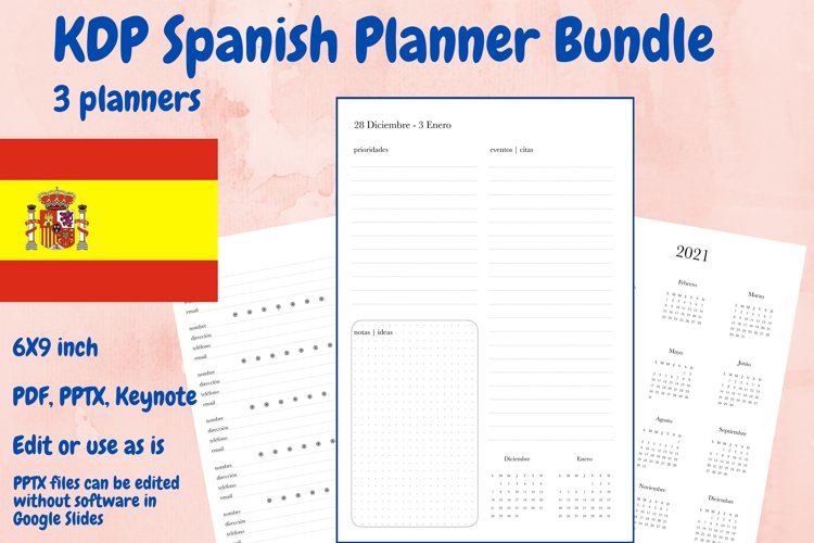 KDP Spanish Planner Bundle, 3 planners in PDF, PPTX, Keynote