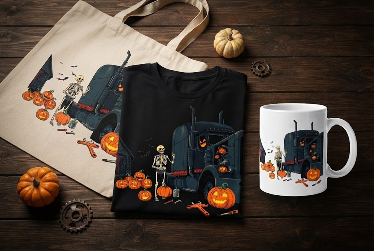 Skeleton Trucker Halloween Design with Pumpkins and Bats