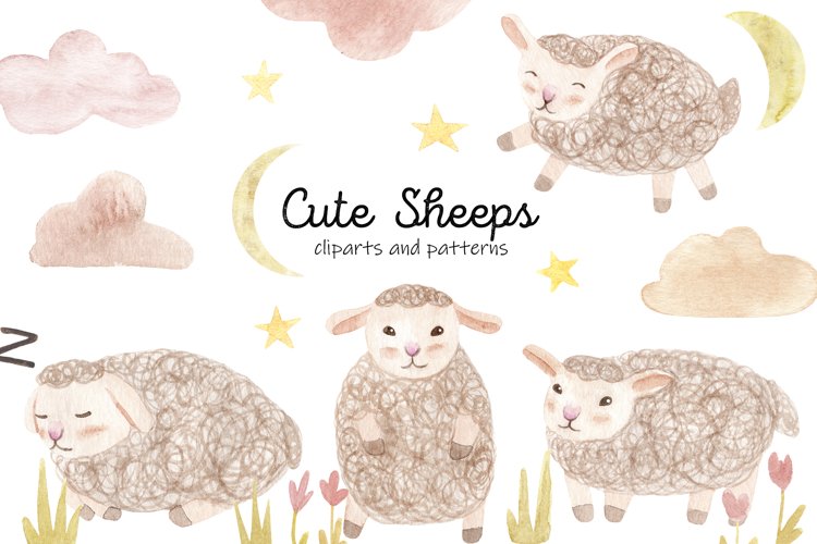 Cute Watercolor Sheeps. Seamless Patterns and Cliparts example image 1
