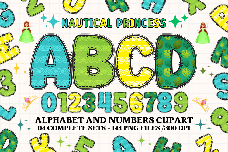 Nautical Princess png alphabet, princess letters doodle