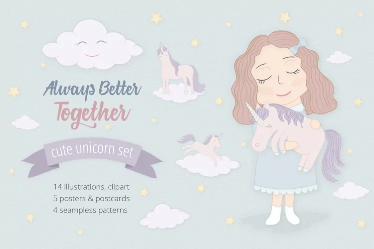 Cute Funny Unicorn Illustration Set