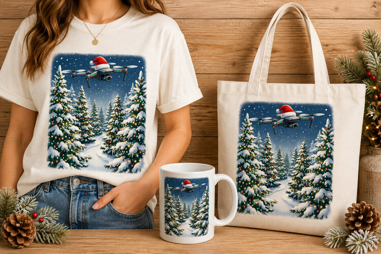 Christmas Drone Photographer Santa Hat Snowy Forest Art example image 1