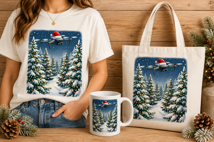 Christmas Drone Photographer Santa Hat Snowy Forest Art