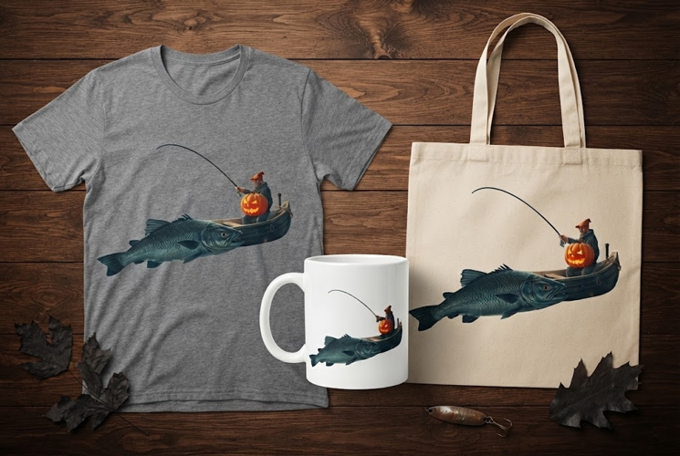 Pumpkin Head Fisherman Halloween Design with Big Fish