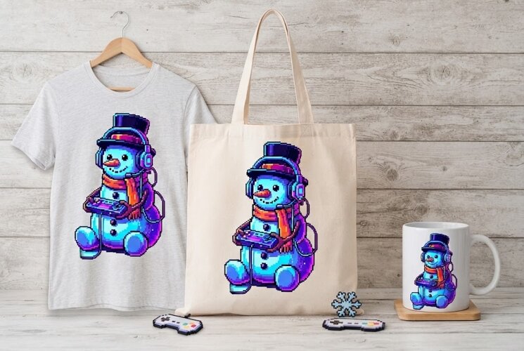 Neon Pixel Snowman Gamer Christmas Art example image 1