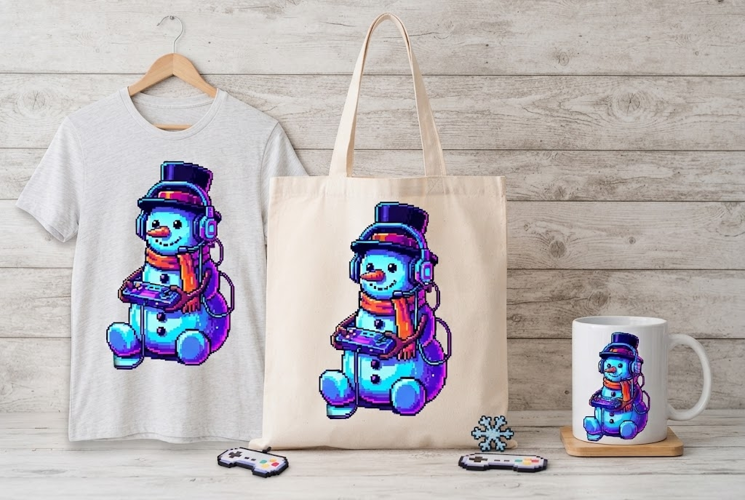 Neon Pixel Snowman Gamer Christmas Art