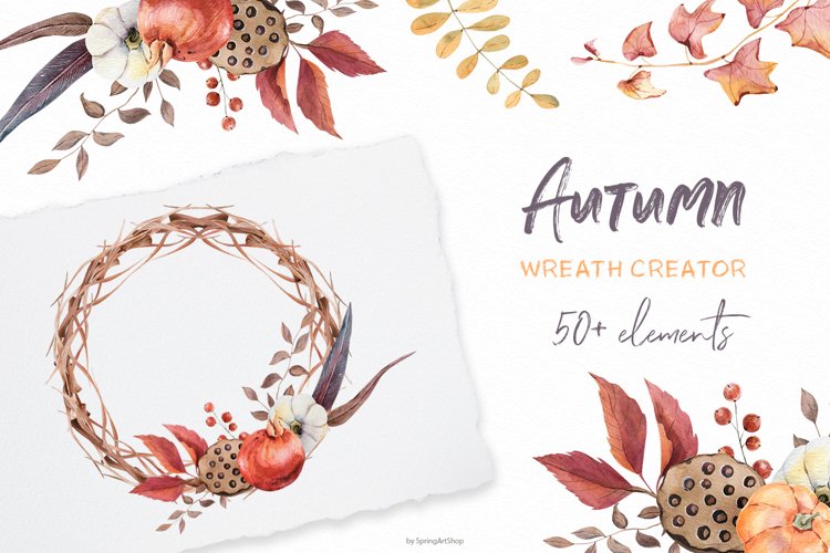 Autumn wreath creator Watercolor clipart Fall leaves example image 1