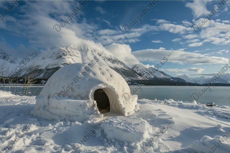 Traditional igloo standing on snow covered landscape with mo