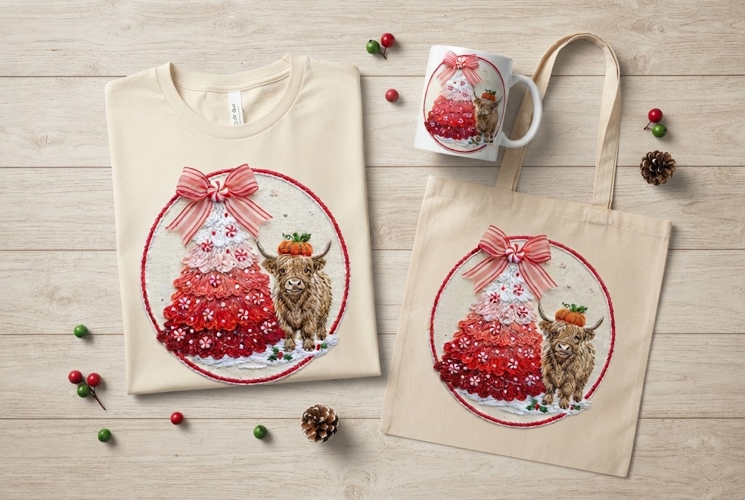 Embroidered Peppermint Tree Pumpkin Cow Christmas Print