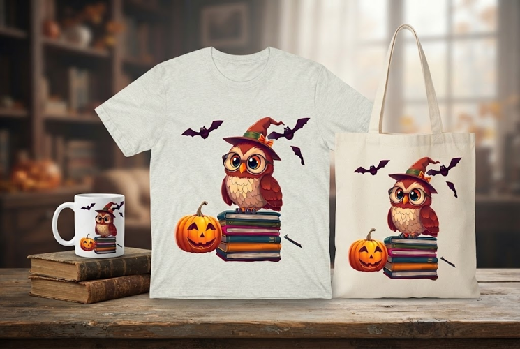 Cute Halloween Owl PNG with Witch Hat, Books & Pumpkin