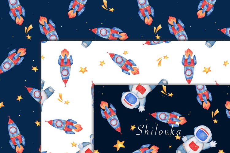 Space sky. Seamless pattern. Watercolor example image 1