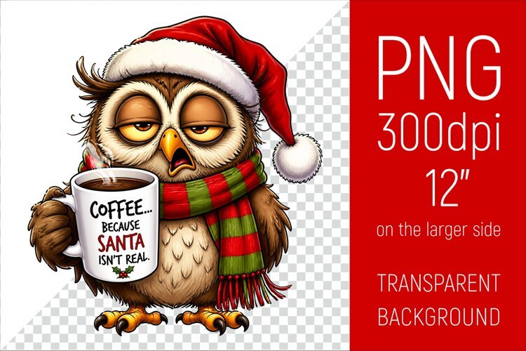 Funny Morning Coffee Owl in Santa Hat | Christmas Clipart example image 1