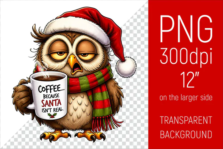Funny Morning Coffee Owl in Santa Hat | Christmas Clipart