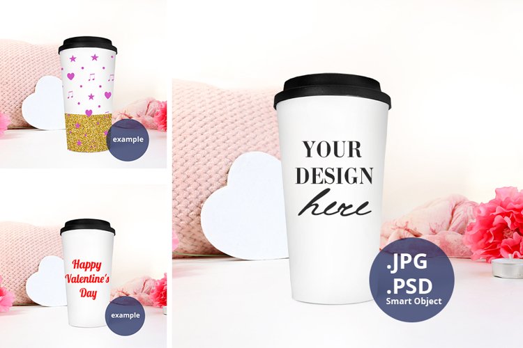 Travel Mug mockup Valentine's Day PSD & JPG full wrap example image 1