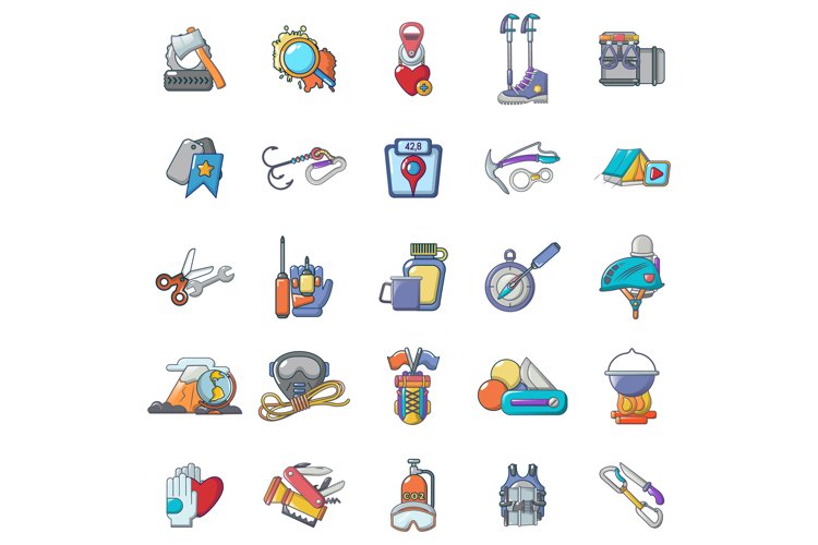 Hike trip icons set, cartoon style