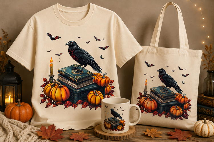 Halloween Raven PNG | Gothic Crow, Pumpkins & Books