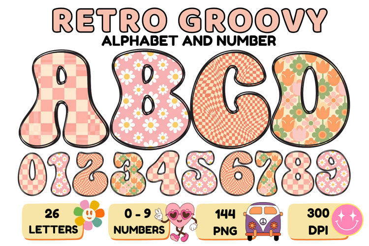 Retro Groovy Alphabert PNG 70s Numbers & Letters 300 DPI