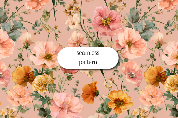 Seamless Peach Floral Pattern with Vintage Flowers