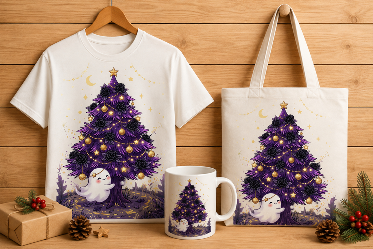 Cute Ghost Hugging Purple Christmas Tree Gothic Holiday Art