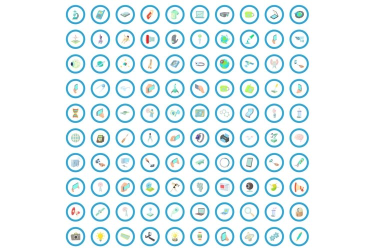 100 technology icons set, cartoon style