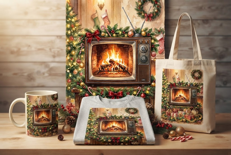 Vintage TV Fireplace Christmas Watercolor Art 43 characters