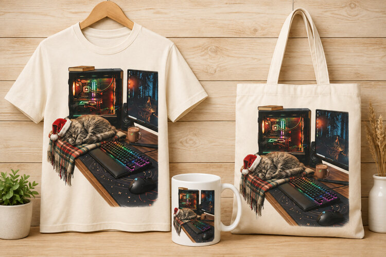 Cozy Gamer Cat Christmas Gaming Setup Art example image 1