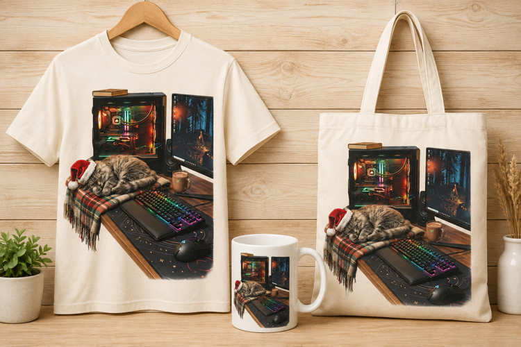 Cozy Gamer Cat Christmas Gaming Setup Art