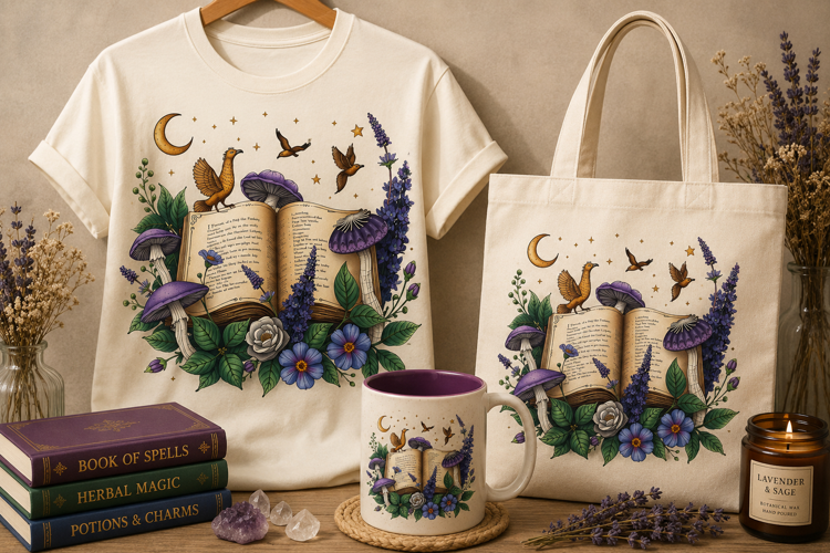 Mystical Open Book PNG | Purple Flowers & Magic Birds