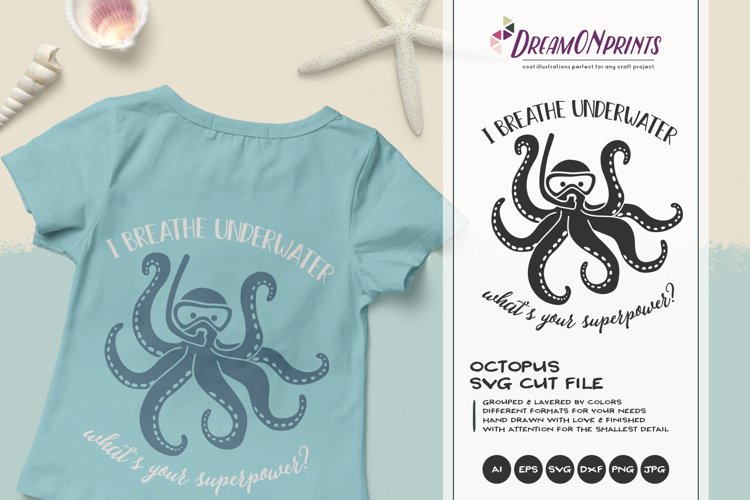 Octopus SVG | I Breathe Underwater | Scuba Diving SVG example image 1
