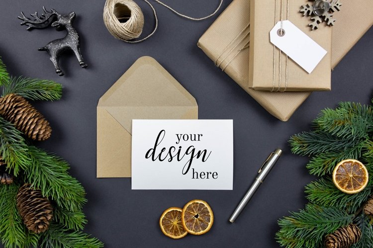 Christmas greeting cards, envelopes mockups, flat lay. PSD. example image 1
