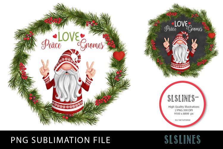 Christmas Peace Gnome Wreath PNG sublimation example image 1