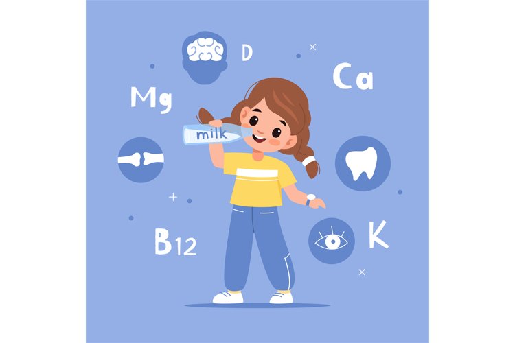 Child drink milk. Happy girl holding bottle healthy beverage example image 1