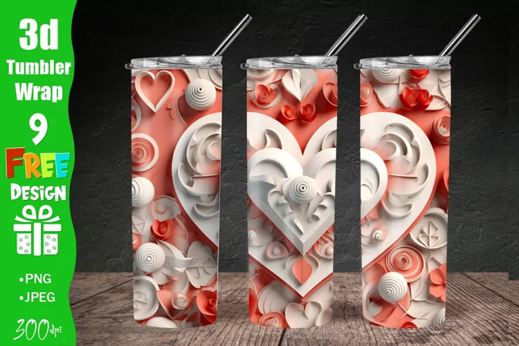 3D Heart Tumbler Wrap, 3D 20 oz Skinny Tumbler Sublimation
