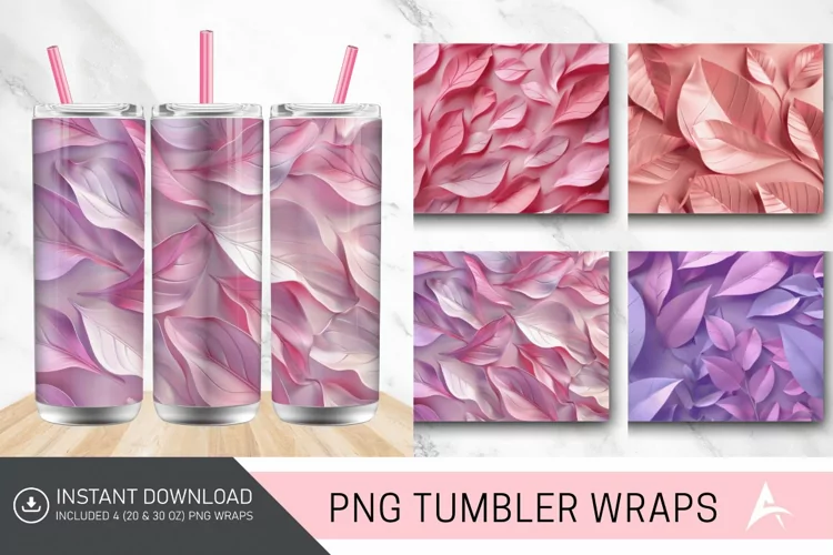 3D Abstract Leaves Pink Tumbler wrap