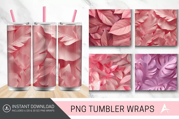 3D Abstract Leaves Pink Tumbler wrap